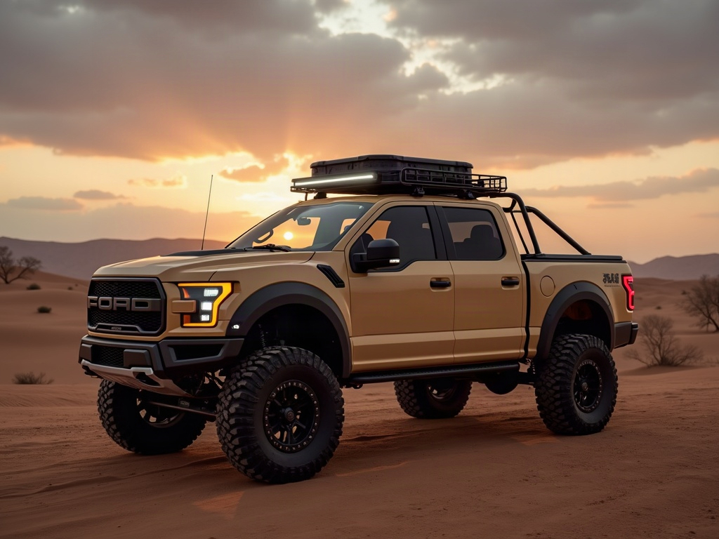 A photorealistic lifted overland pickup truck in sand beige with a roo — AI car build by @mikethompson91