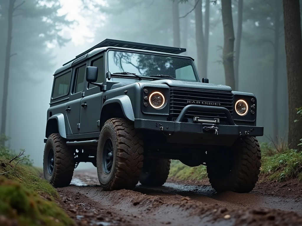 A photorealistic gunmetal-grey rugged off-road SUV with raised suspens — AI car build by @tyleranderson23