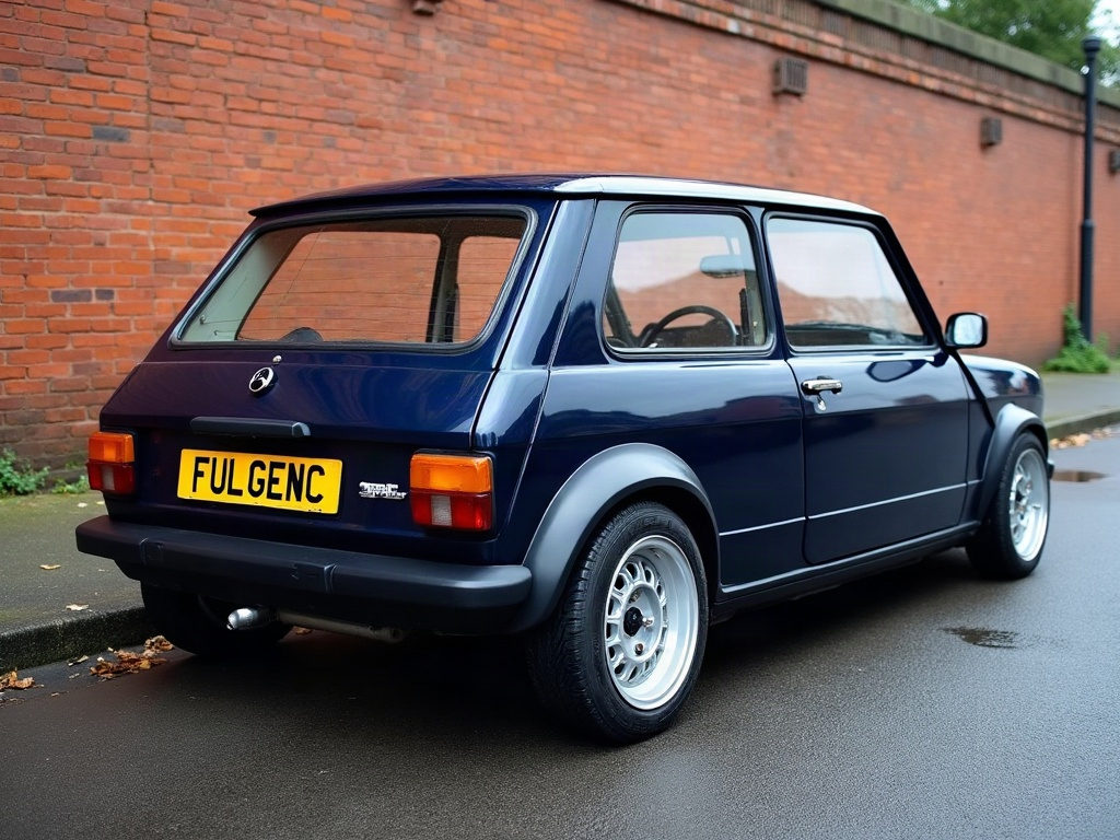 A photorealistic navy blue retro-styled hatchback — AI car build by @fulgencegraoro