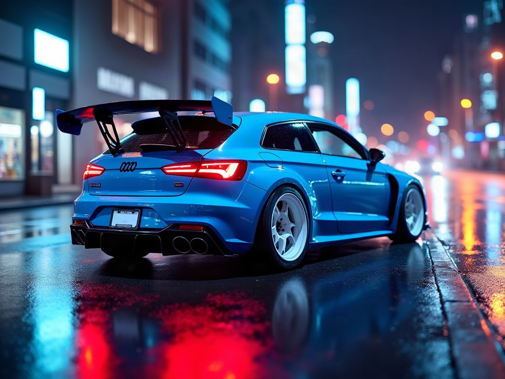 A photorealistic electric-blue hot hatch with a large rear wing and wh — AI car build by @biored93