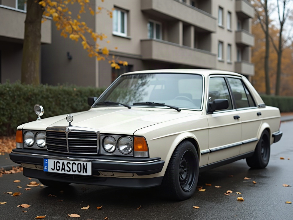 A photorealistic off-white four-door saloon car — AI car build by @abedcameroun