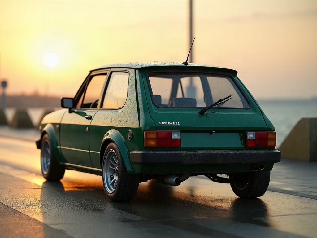 A photorealistic dark green sporty hatchback — AI car build by @gentillemacons0a