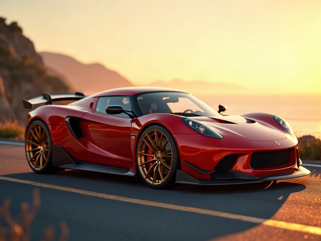 A photorealistic candy-apple-red sports car with gold multi-spoke whee — AI car build by @maenergietechnik