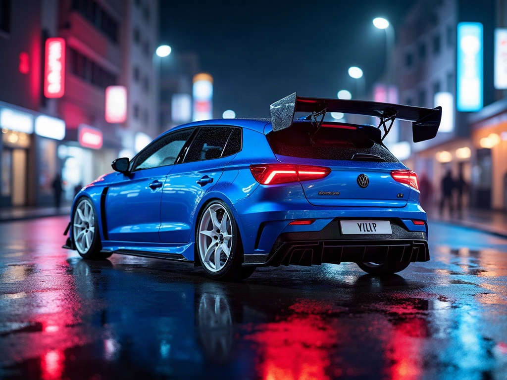A photorealistic electric-blue hot hatch with a large rear wing and wh — AI car build by @maenergietechnik