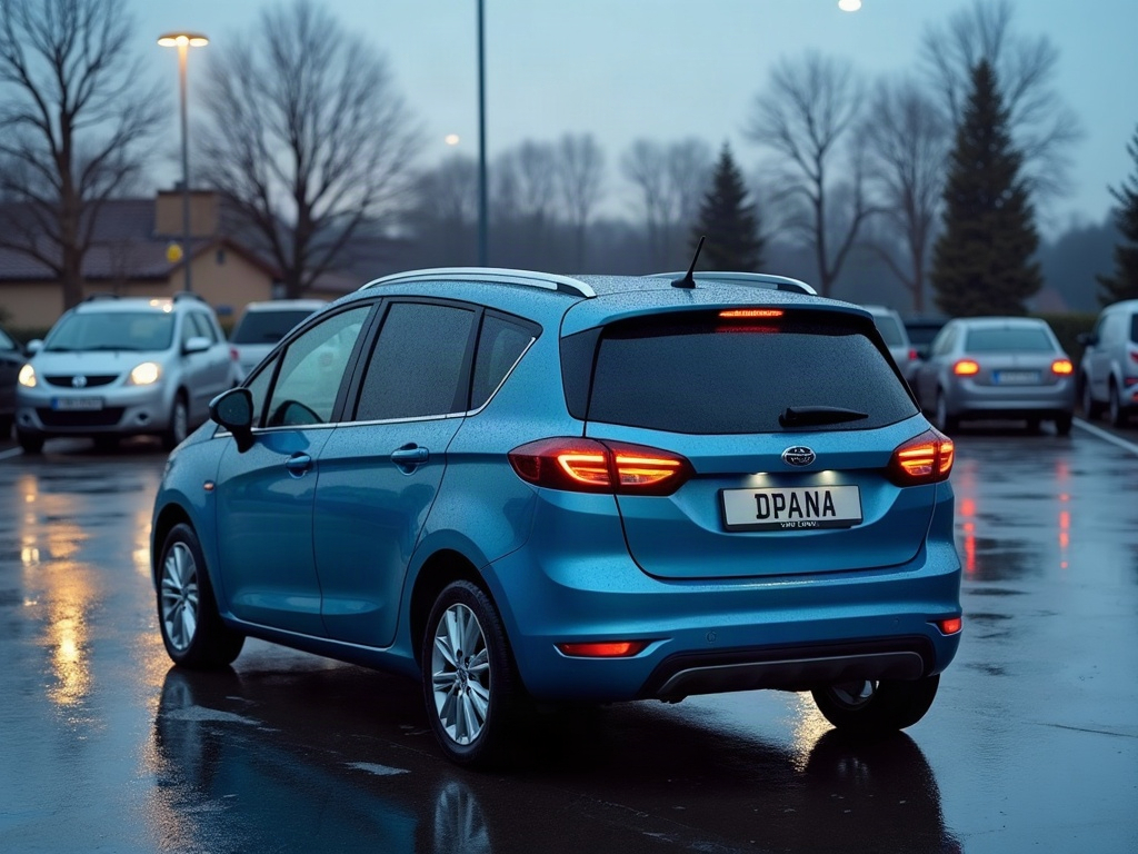 A photorealistic steel blue small MPV people carrier — AI car build by @dpana