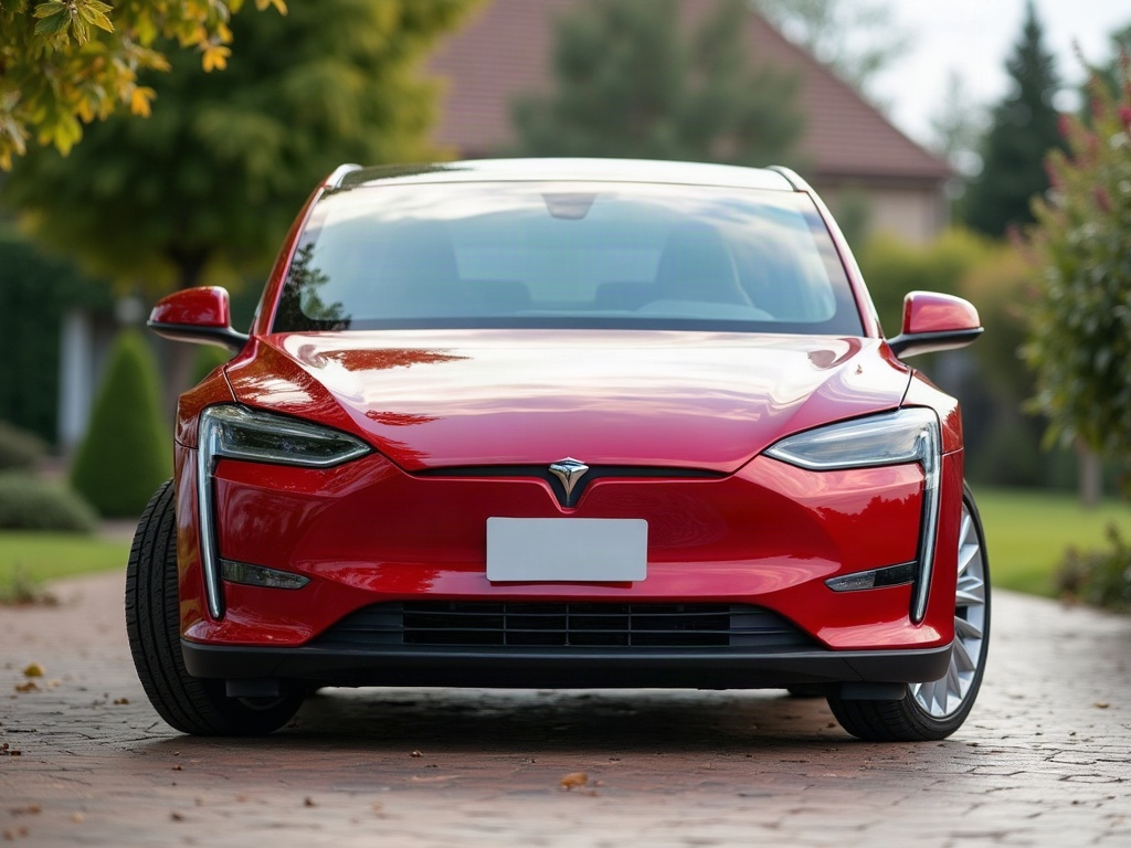 A photorealistic red compact electric hatchback — AI car build by @pkordas
