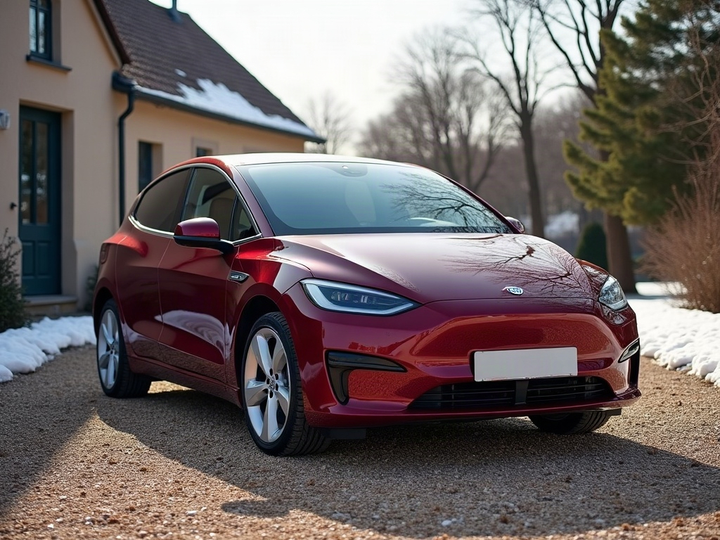 A photorealistic burgundy compact electric hatchback — AI car build by @brandonreifer