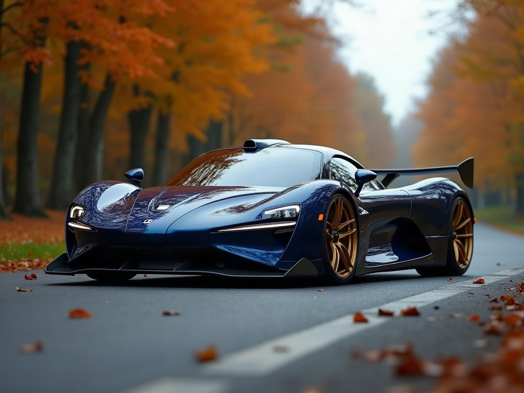 A photorealistic deep navy blue track-focused hypercar with bronze fiv — AI car build by @jacob19450712