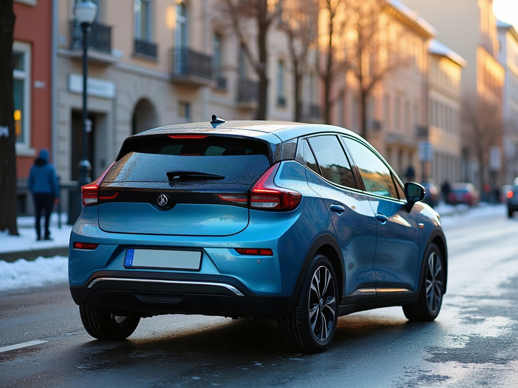 A photorealistic steel blue compact electric hatchback — AI car build by @cmw1689