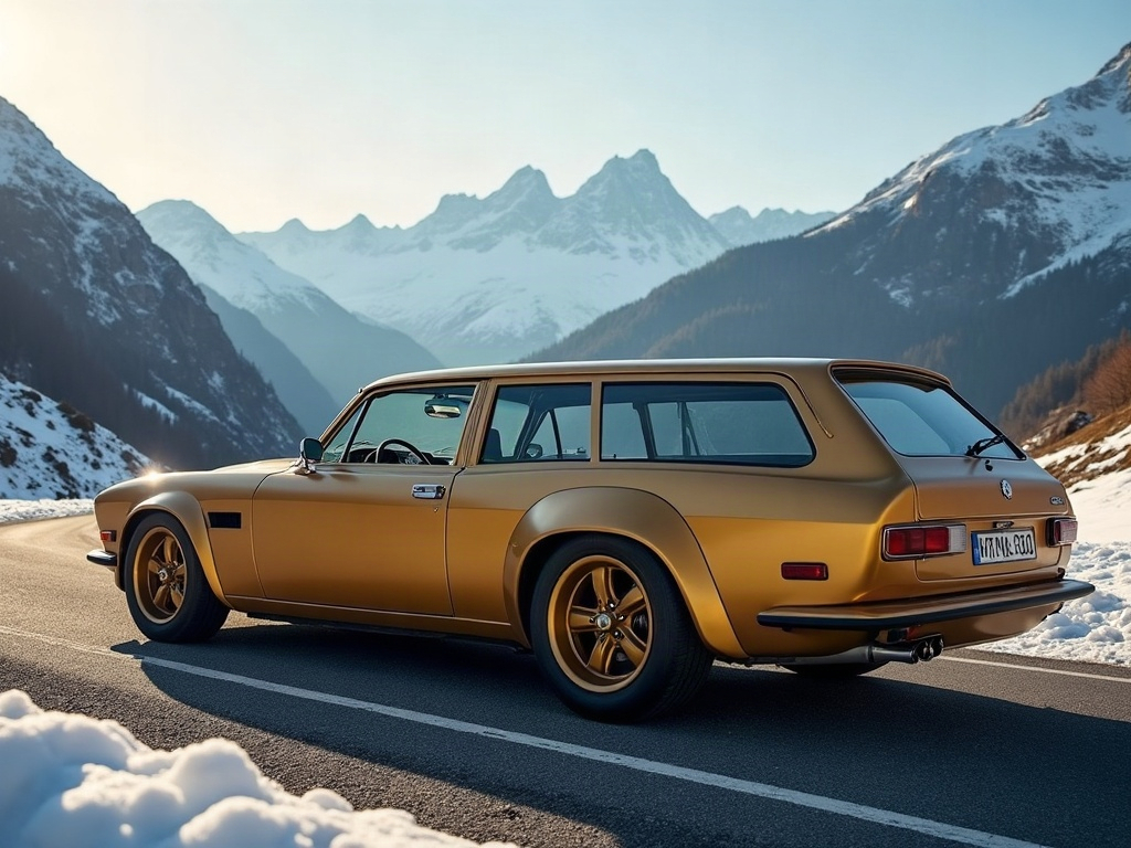 A photorealistic satin gold shooting-brake wagon with bronze five-spok — AI car build by @turbo_theo