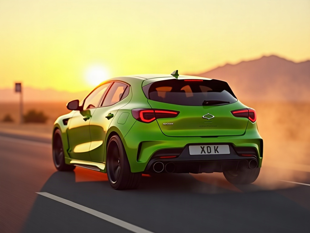 A photorealistic lime green compact hot hatch with matte-black turbofa — AI car build by @nightshiftbuilds