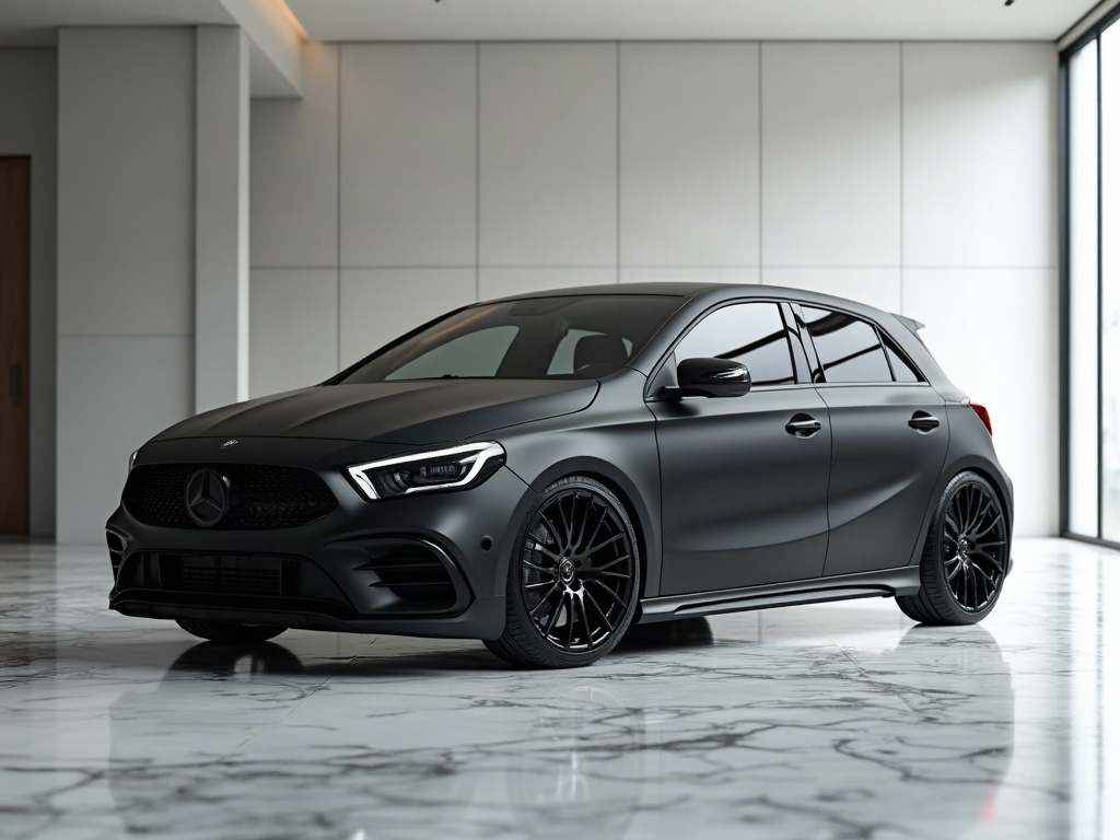 A photorealistic matte black compact hot hatch with gloss-black concav — AI car build by @nightshiftbuilds