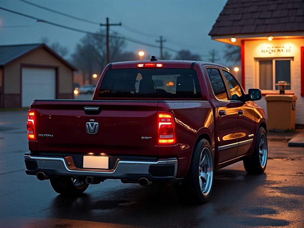 A photorealistic burgundy double-cab pickup truck — AI car build by @barkahannibal