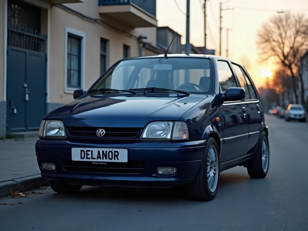 A photorealistic navy blue small city car — AI car build by @isaquea231