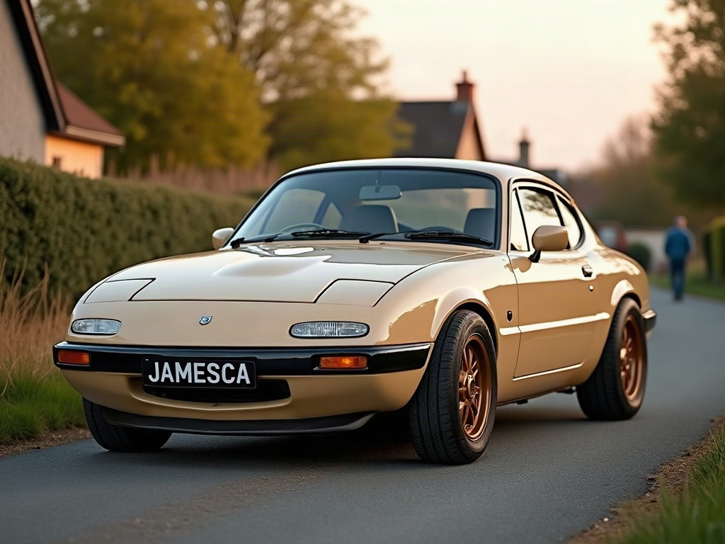 A photorealistic sand modest two-door coupe — AI car build by @gustavodamascenobarb