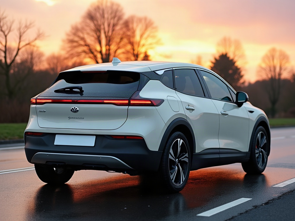 A photorealistic ivory compact electric hatchback — AI car build by @gustavodamascenobarb