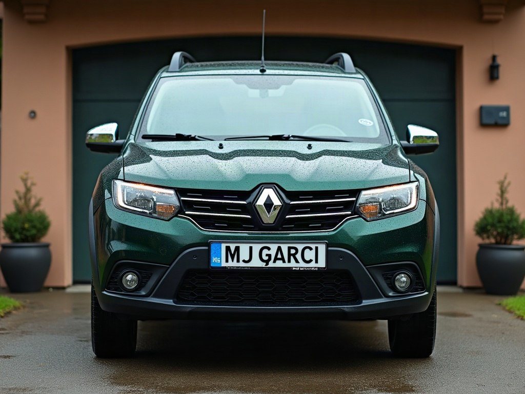 A photorealistic dark green boxy compact SUV — AI car build by @mjgarcia