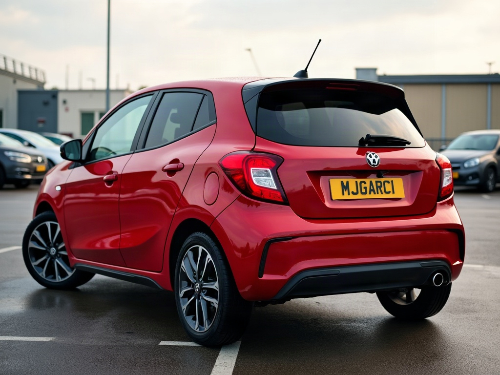 A photorealistic red compact hatchback — AI car build by @mjgarcia