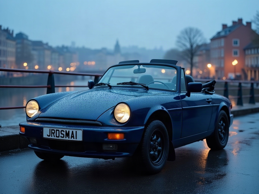 A photorealistic navy blue small convertible — AI car build by @fadamaoulareavocat21