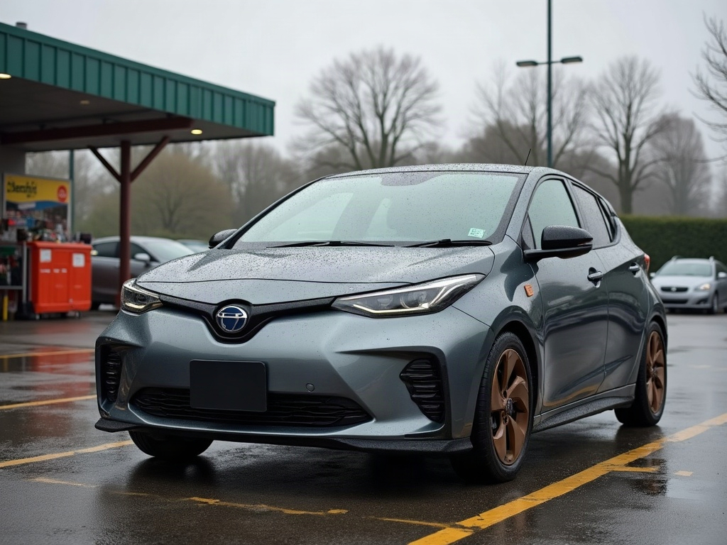 A photorealistic graphite grey compact electric hatchback — AI car build by @jgasconp
