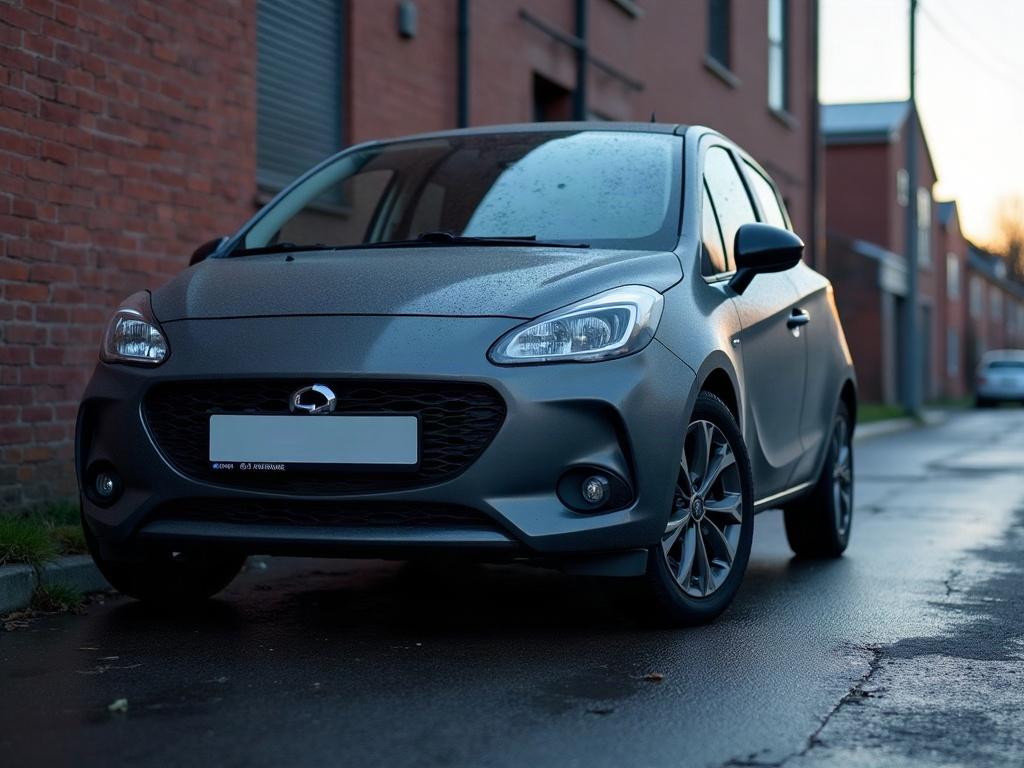 A photorealistic charcoal compact hatchback — AI car build by @jgasconp