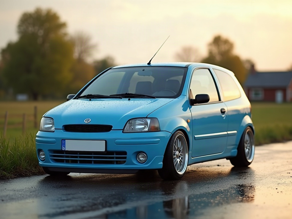A photorealistic sky blue subcompact car — AI car build by @michaelvaux