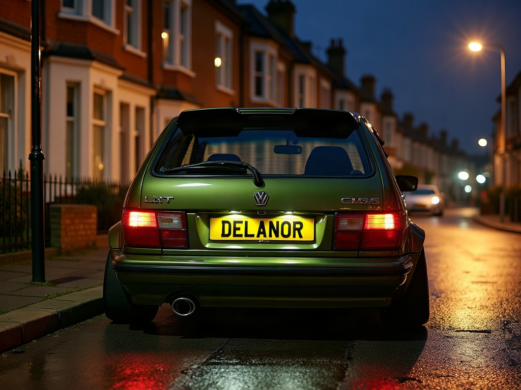 A photorealistic olive green sporty hatchback — AI car build by @demazieresguillaume