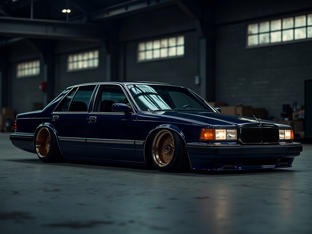 A photorealistic slammed executive sedan in deep navy on air suspensio — AI car build by @kevinharris