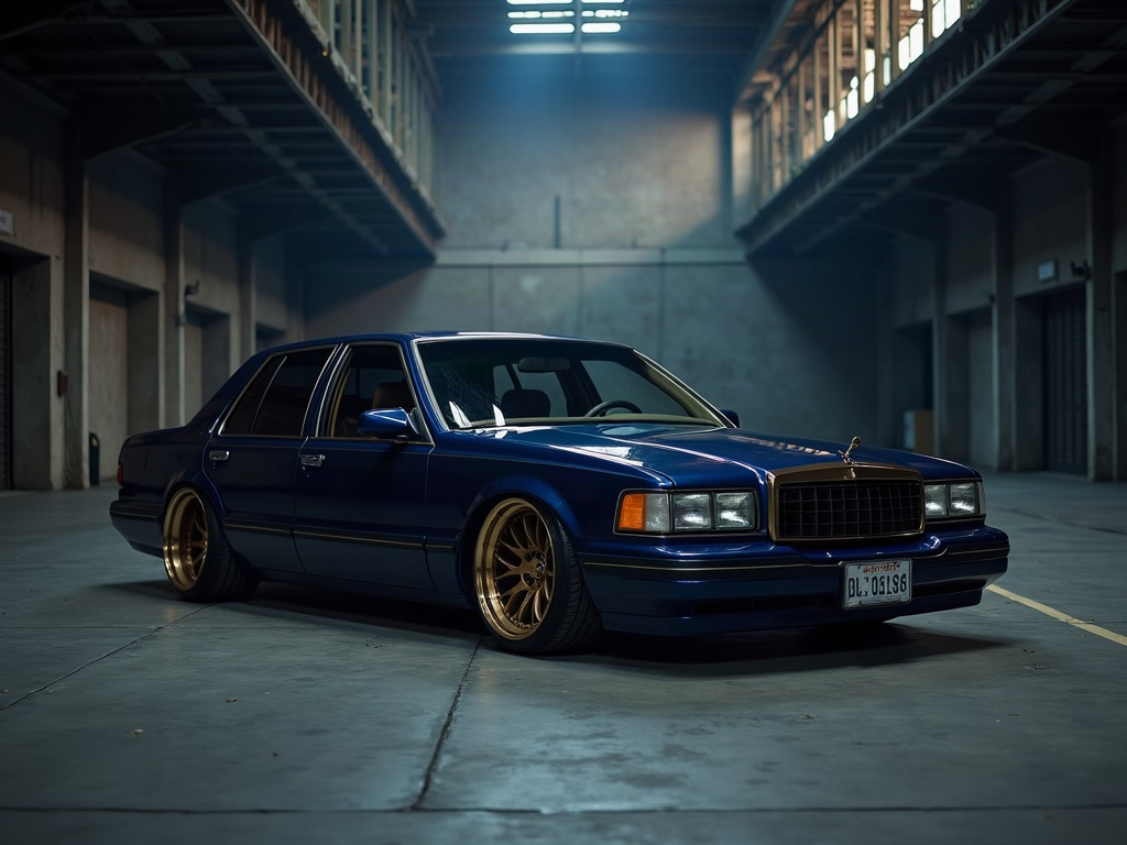 A photorealistic slammed executive sedan in deep navy on air suspensio — AI car build by @jvaalst