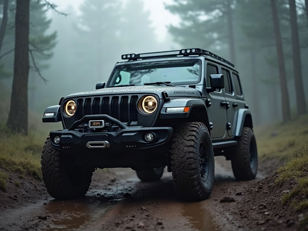 A photorealistic gunmetal-grey rugged off-road SUV with raised suspens — AI car build by @70atorianzo70