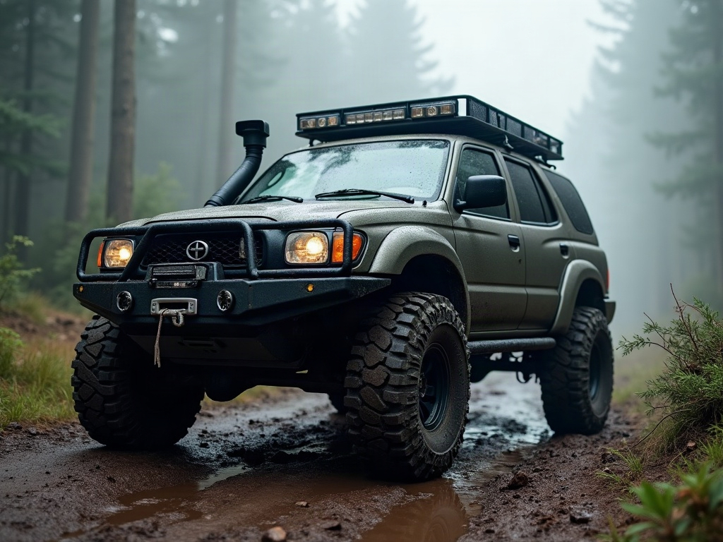 A photorealistic gunmetal-grey rugged off-road SUV with raised suspens — AI car build by @70atorianzo70
