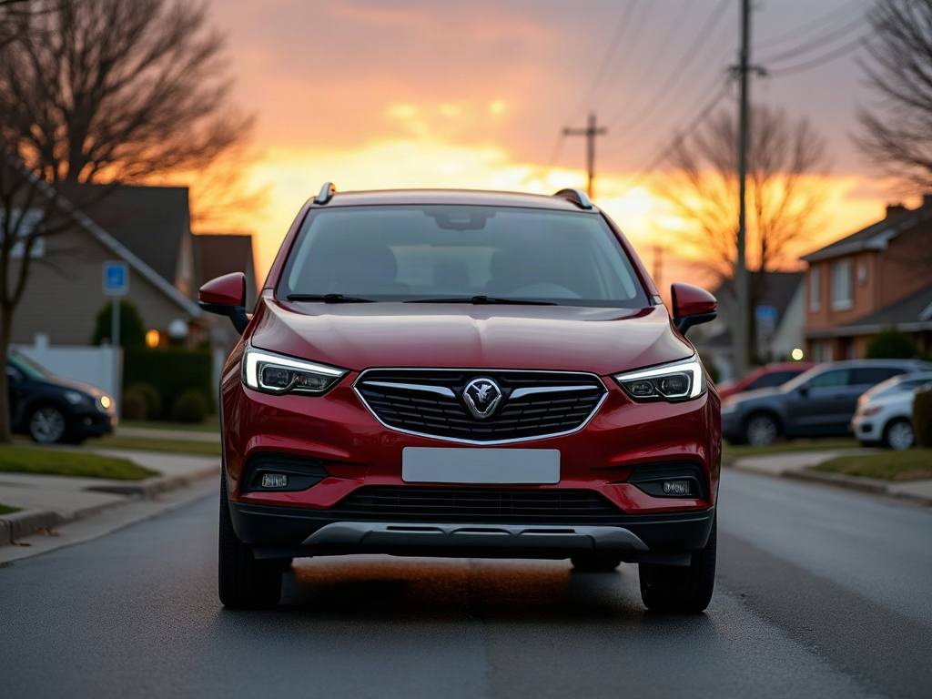 A photorealistic deep red crossover SUV — AI car build by @livechat