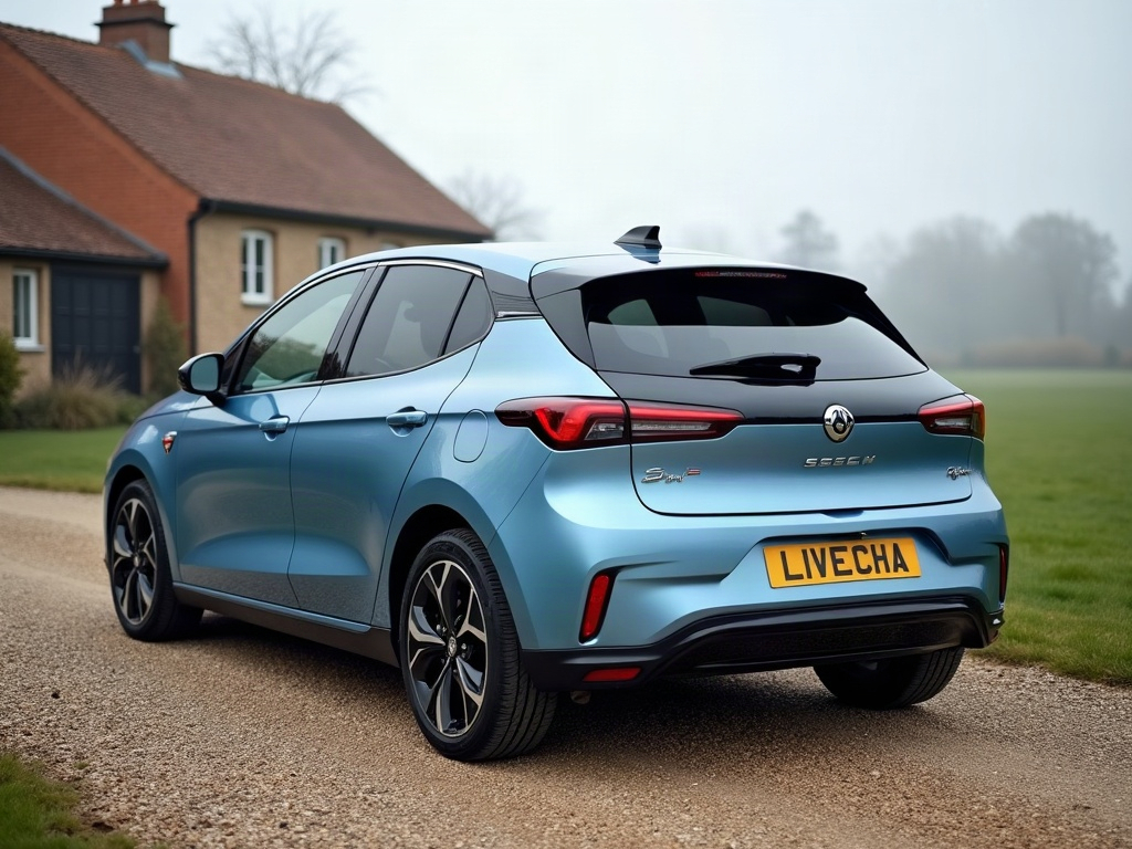 A photorealistic steel blue compact electric hatchback — AI car build by @livechat