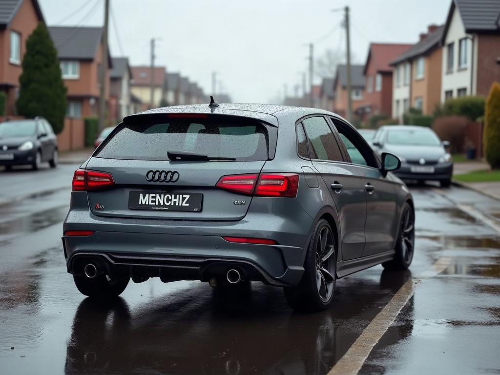 A photorealistic dark grey subcompact car — AI car build by @menchizna