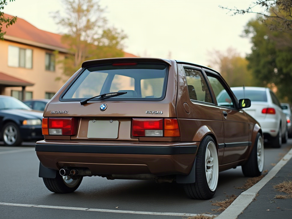 A photorealistic brown compact electric hatchback — AI car build by @tombuilds
