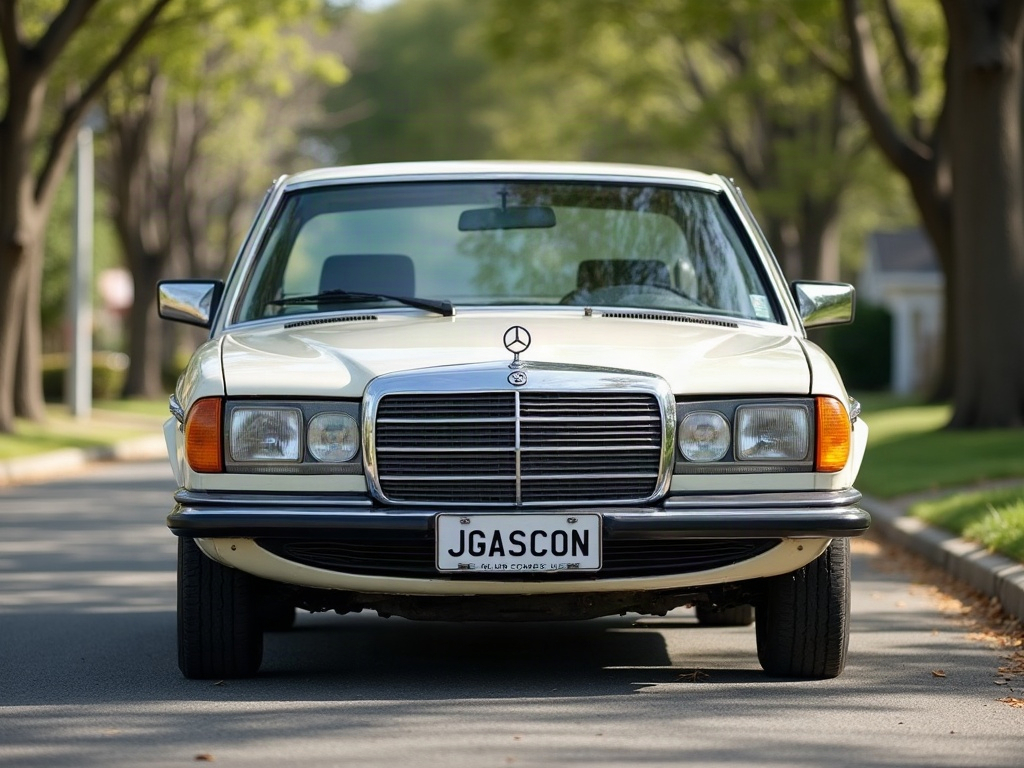 A photorealistic off-white four-door saloon car — AI car build by @rafaelblanc