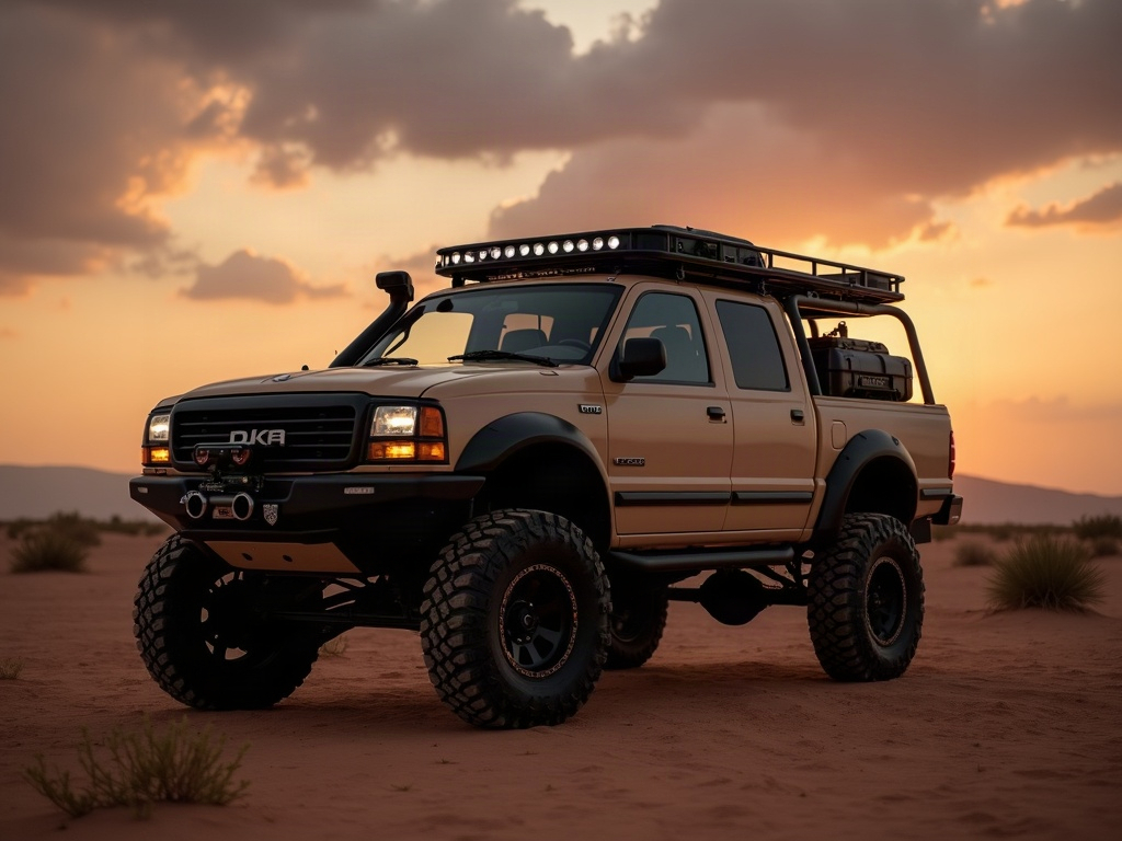 A photorealistic lifted overland pickup truck in sand beige with a roo — AI car build by @droques