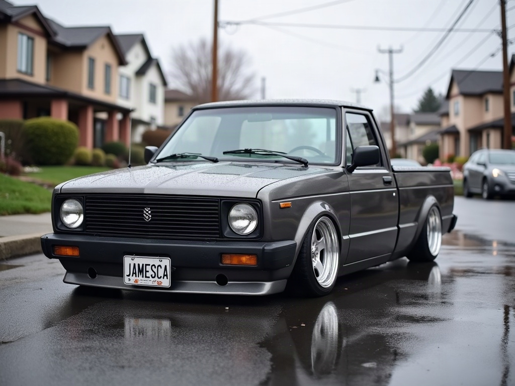 A photorealistic graphite grey small pickup — AI car build by @osven08