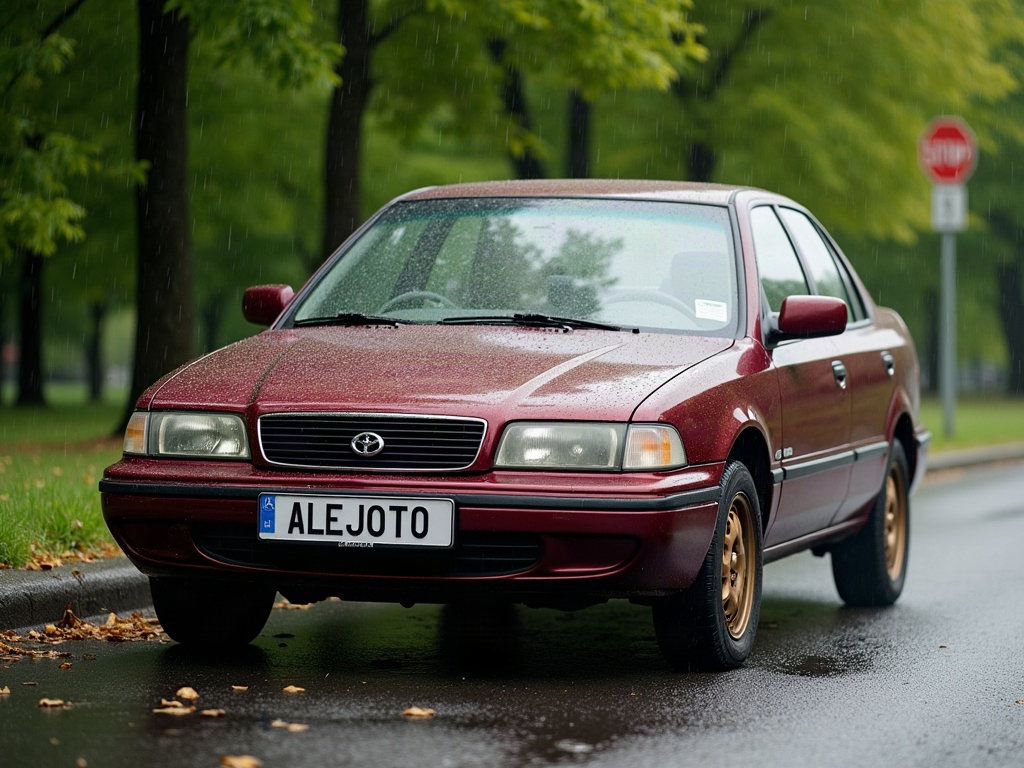 A photorealistic burgundy everyday commuter sedan — AI car build by @alejotorrespe