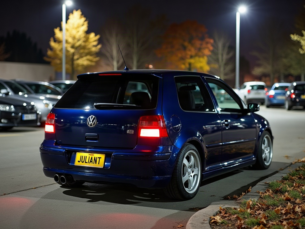 A photorealistic dark blue family hatchback — AI car build by @juliantmedical
