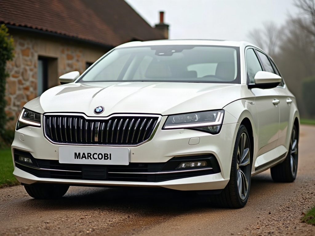 A photorealistic off-white four-door saloon car — AI car build by @marcobianchi