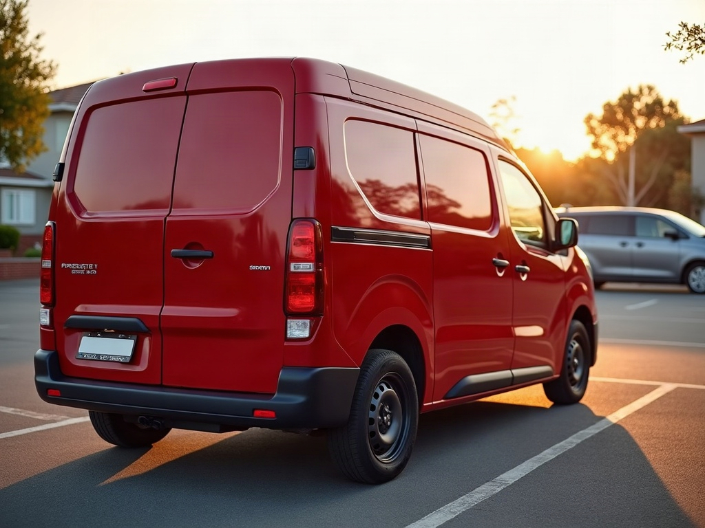 A photorealistic deep red small delivery van — AI car build by @delanoremy