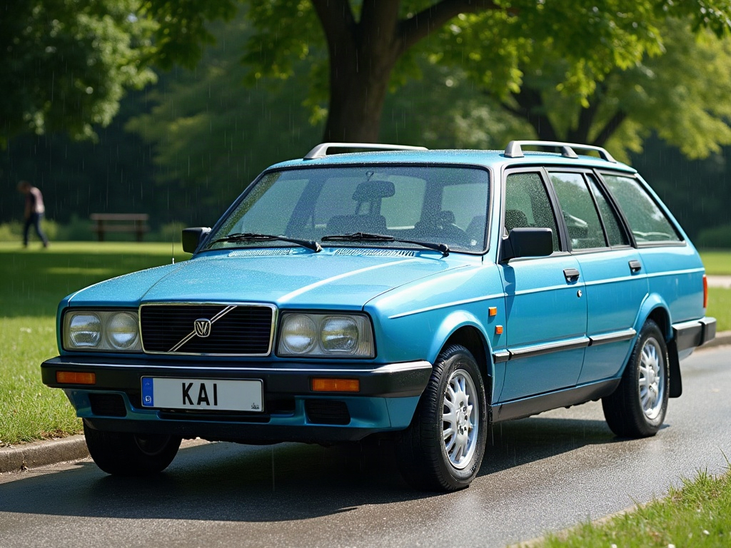 A photorealistic sky blue estate station wagon — AI car build by @delanoremy
