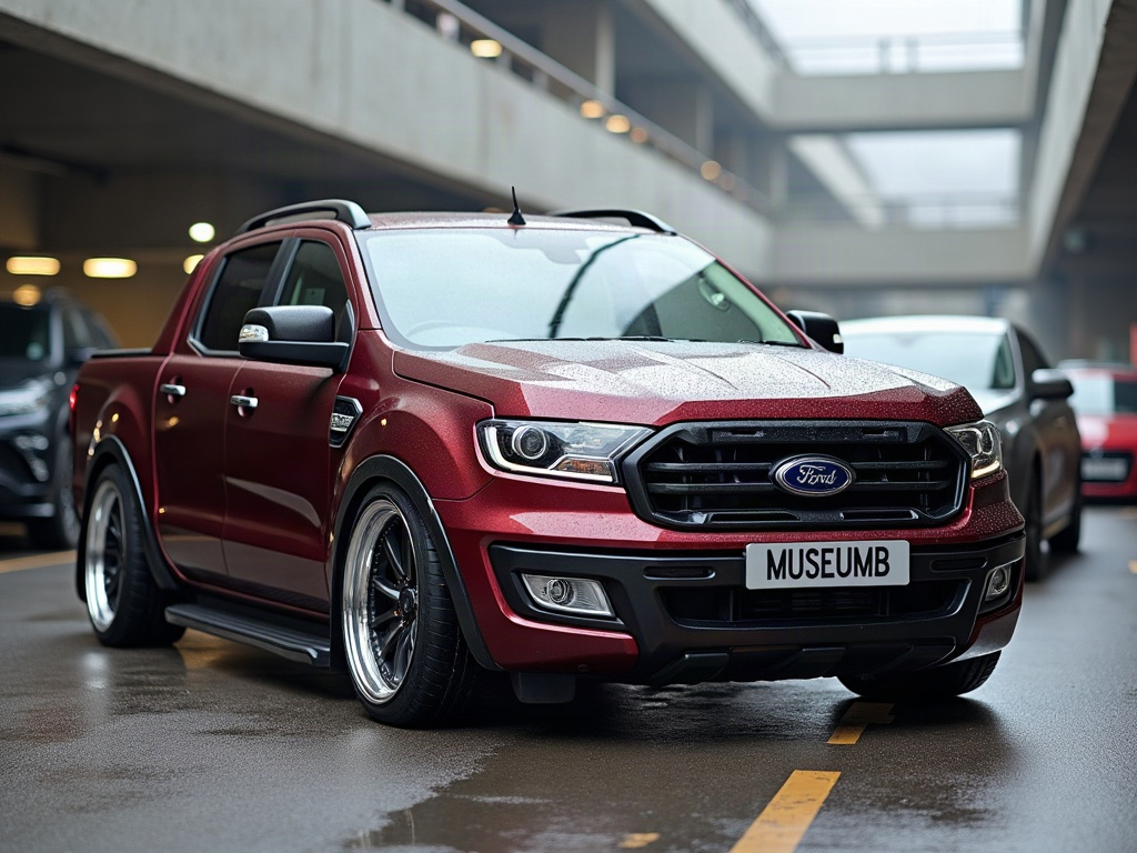 A photorealistic maroon double-cab pickup truck — AI car build by @museumbrendan