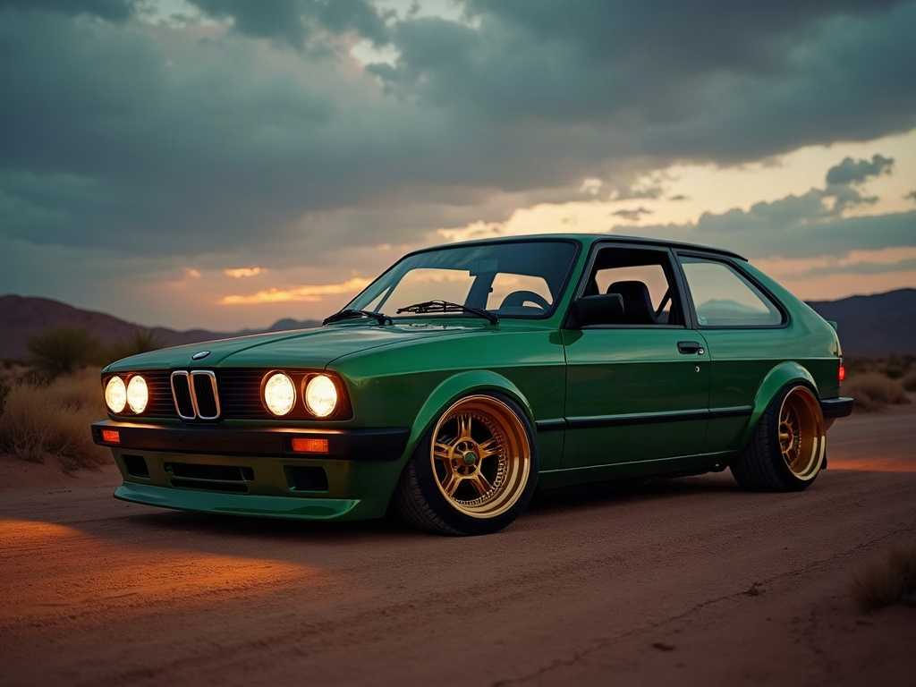 A photorealistic British racing green street tuner hatchback with gold — AI car build by @peterrobertlam