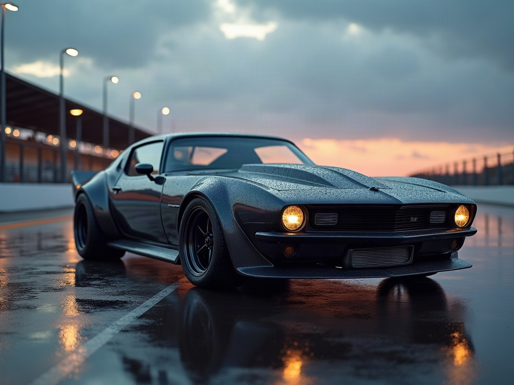 A photorealistic gunmetal grey wide-body American muscle car with gunm — AI car build by @lidiannesanti