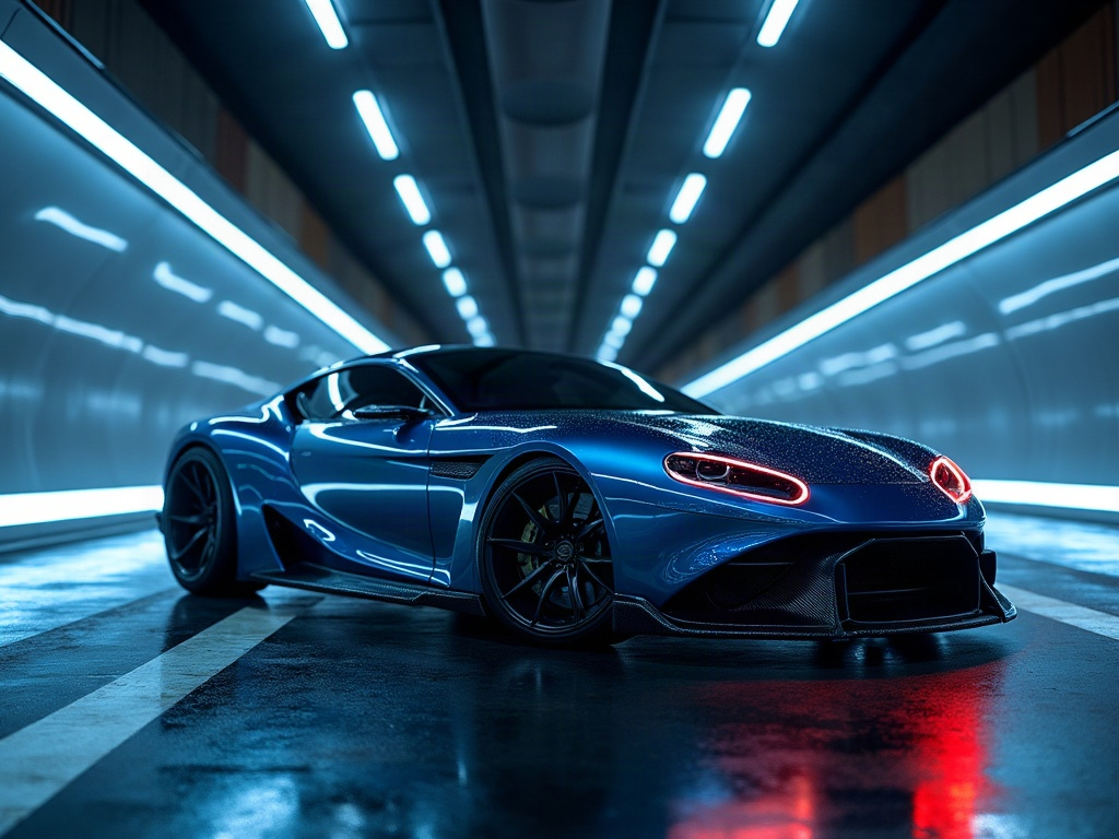 A photorealistic midnight blue retro-futuristic coupe with matte-black — AI car build by @apexwidebody