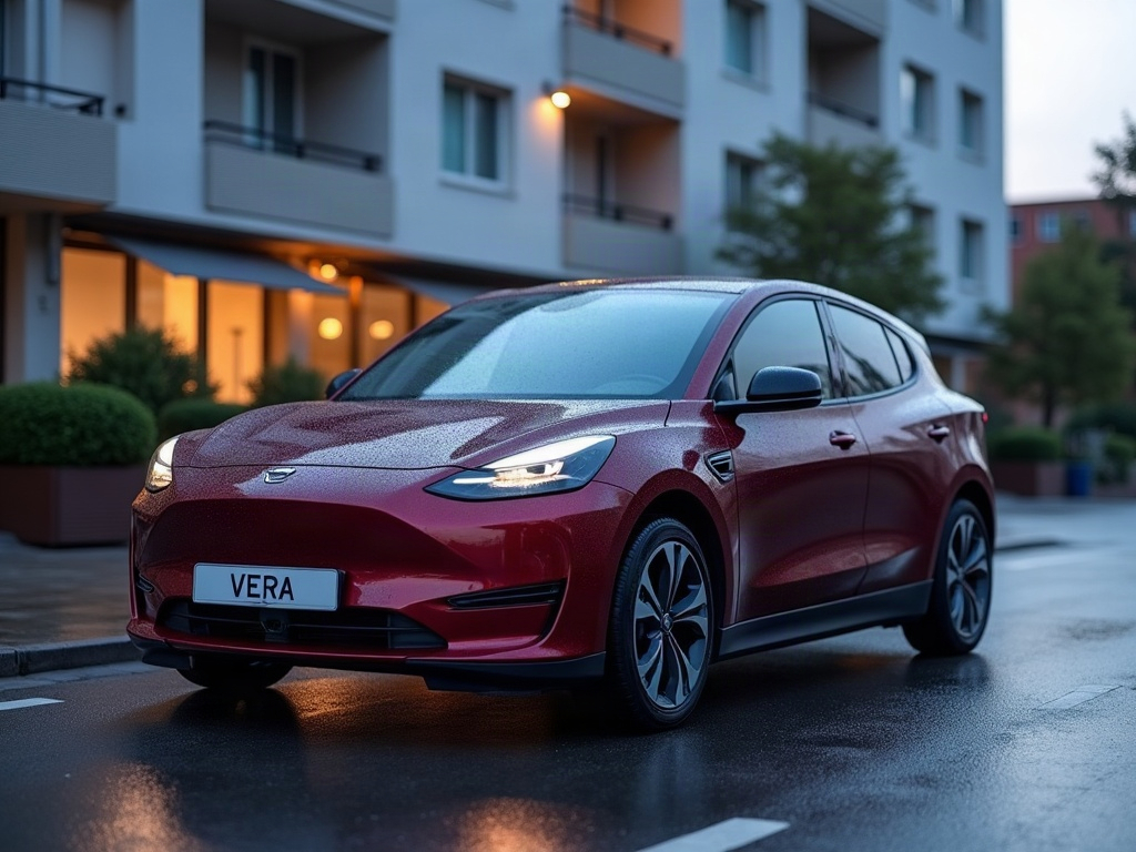 A photorealistic maroon compact electric hatchback — AI car build by @wachtlervanessa