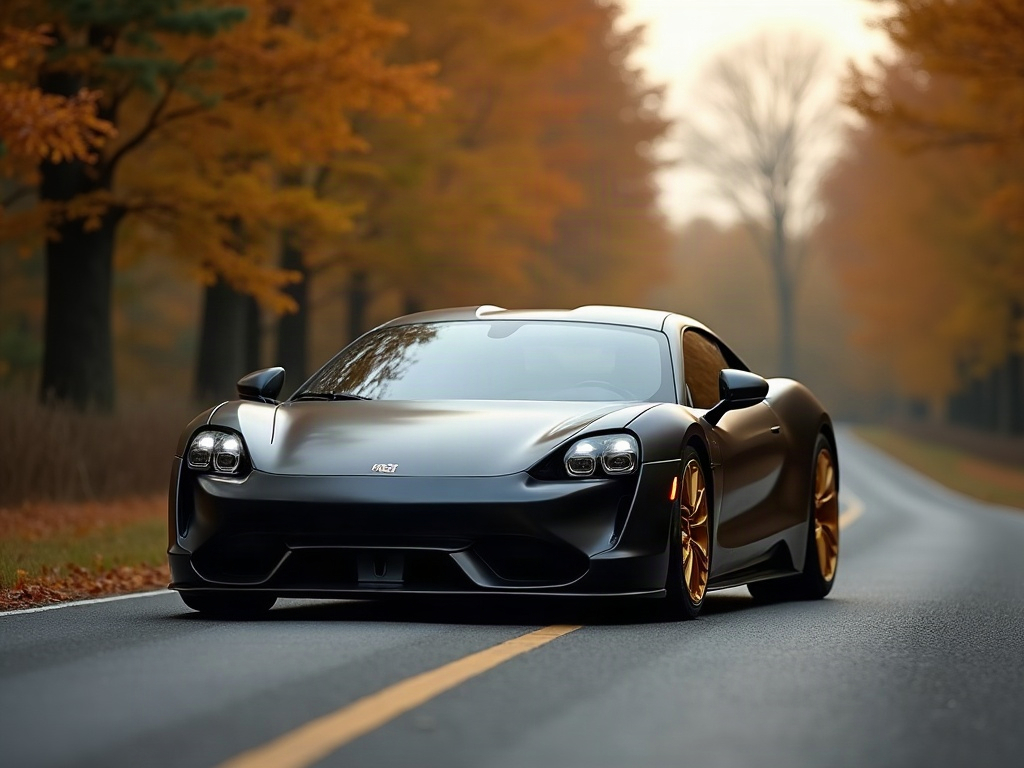 A photorealistic matte black luxury sports coupe with gold split-spoke — AI car build by @eriksen8xz