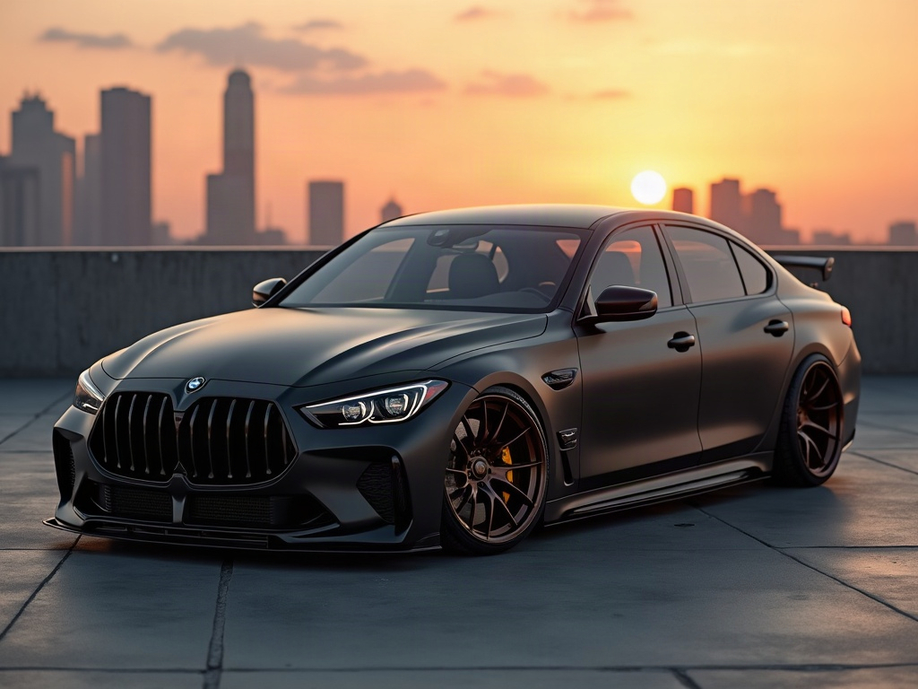 A photorealistic matte black slammed executive sedan with deep bronze — AI car build by @eriksen8xz